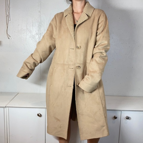 Old Navy Neutral Tan Penny Lane Faux Fur Lined Duster Full Length Coat - Picture 7 of 15